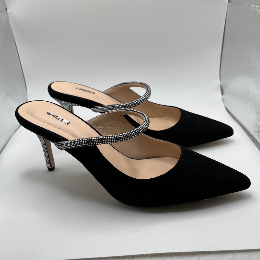 EUC L'Agence Lolita VI mules black suede leather size 11 crystal diamond slip on